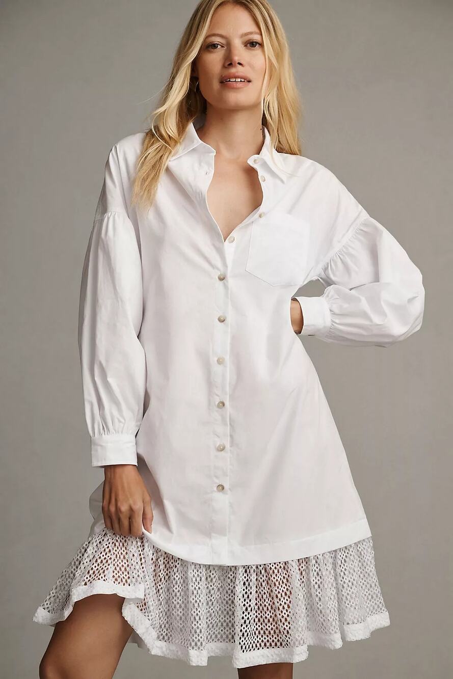 NWT Anthropologie Maeve Lace-Hem Shirt Dress $160 SMALL White